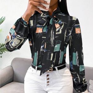 Classic Elegant Abstract Geo Print Tie Neck Top Blouse Shirt